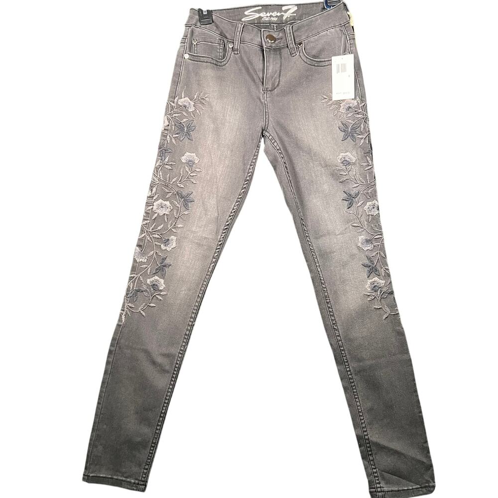 Seven7 Skinny Jeans Womens 4 Black Perses Floral Embroidered Distressed NEW